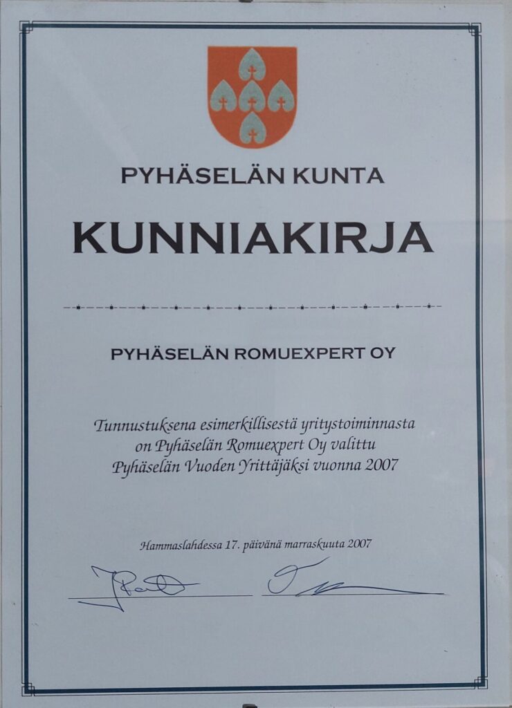 Kunniakirja Pyhäselän kunnalta esimerkillisestä yritystoiminnasta